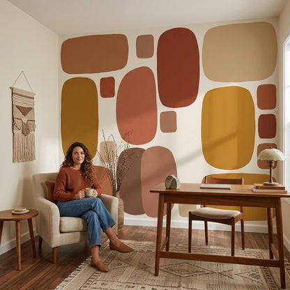 Renkli Geometrik Poster Duvar Kağıdı Terracotta Hardal Salon