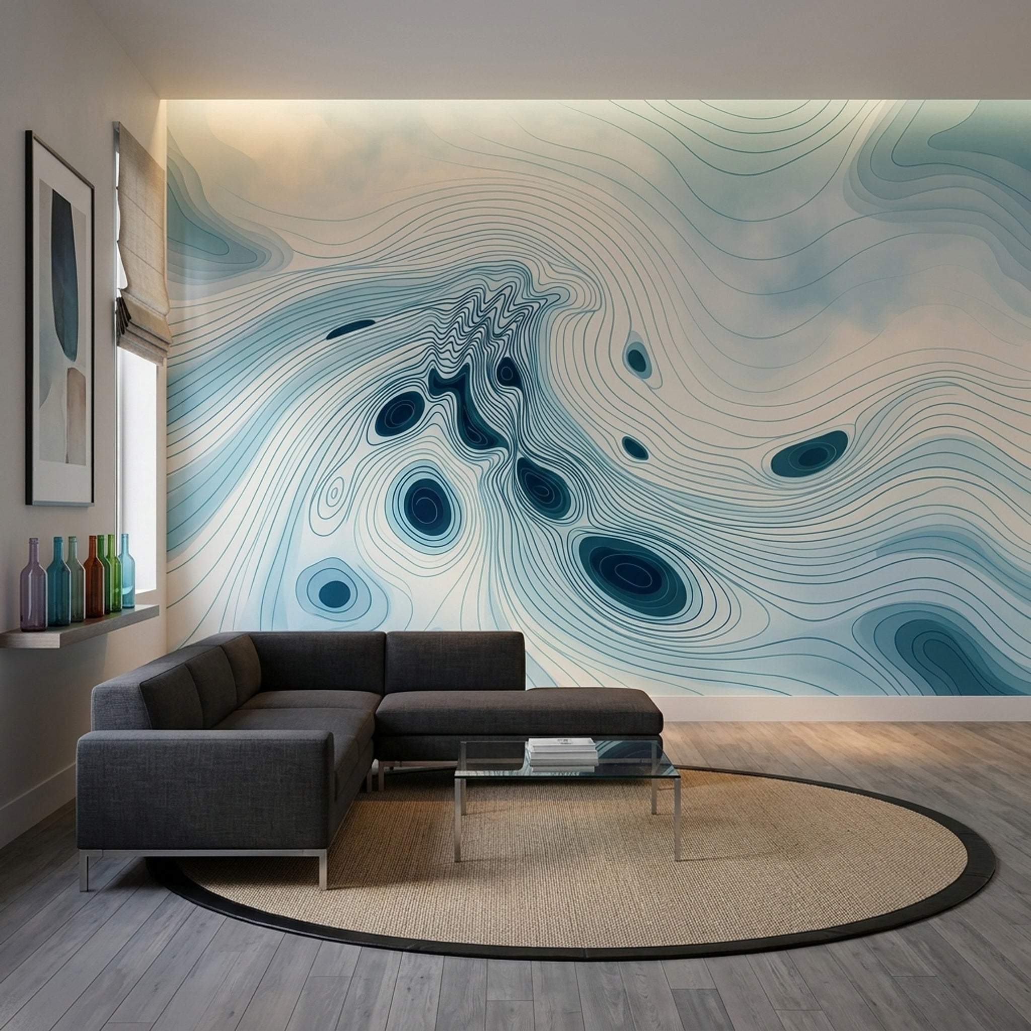 Soyut Topografik Çizgili Poster Duvar Kağıdı Mavi Salon