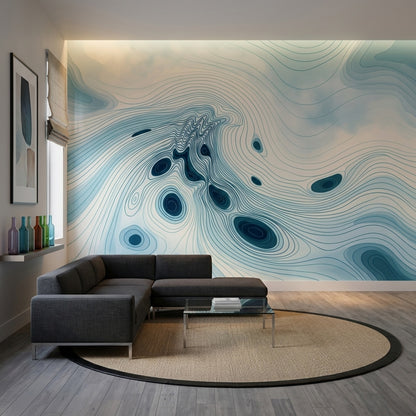 Soyut Topografik Çizgili Poster Duvar Kağıdı Mavi Salon