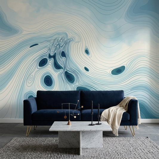 Soyut Topografik Çizgili Poster Duvar Kağıdı Mavi Salon