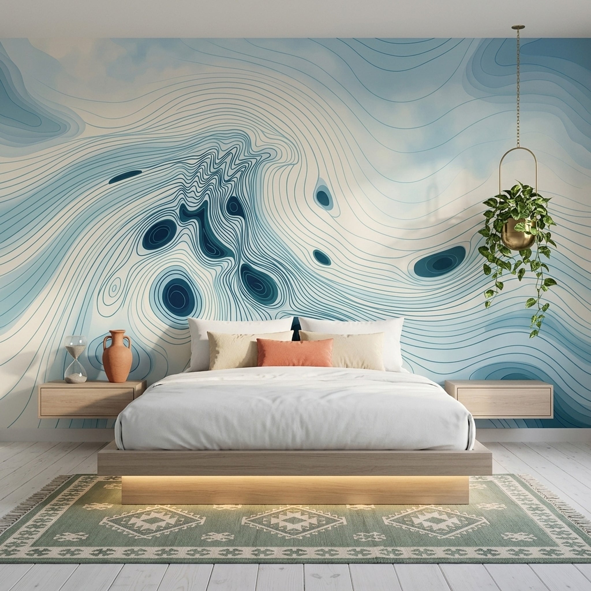 Soyut Topografik Çizgili Poster Duvar Kağıdı Mavi Salon