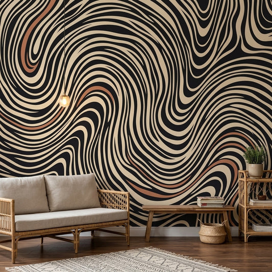 Soyut Dalgalı Çizgili Poster Duvar Kağıdı Siyah Bej Salon