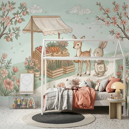 Tavşan ve Ceylanlı Poster Duvar Kağıdı Pastel Çocuk Odası