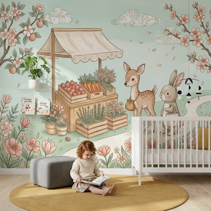 Tavşan ve Ceylanlı Poster Duvar Kağıdı Pastel Çocuk Odası