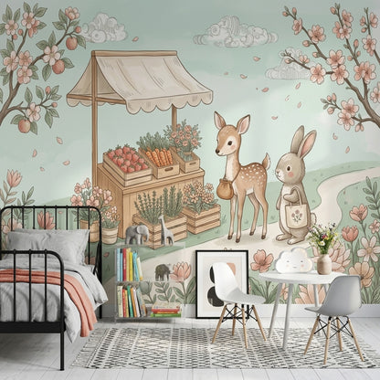 Tavşan ve Ceylanlı Poster Duvar Kağıdı Pastel Çocuk Odası
