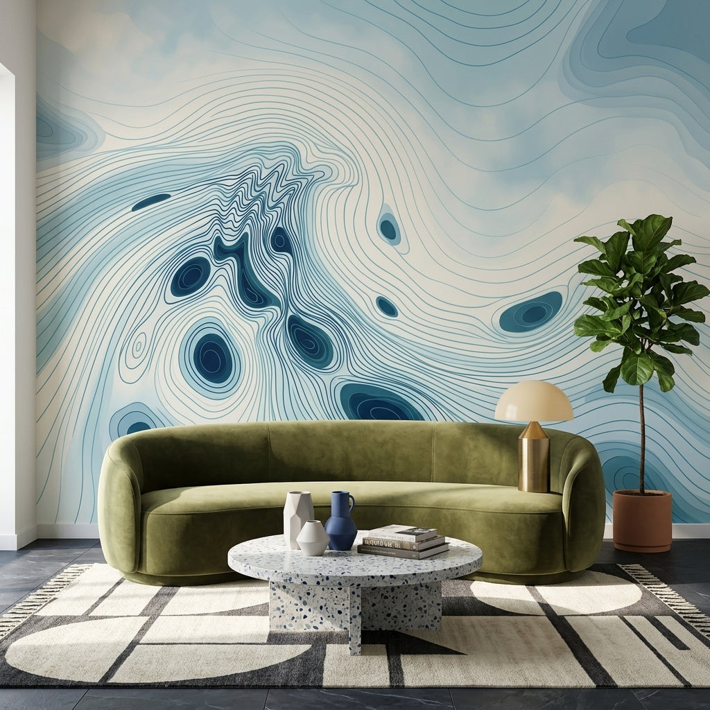 Soyut Topografik Çizgili Poster Duvar Kağıdı Mavi Salon