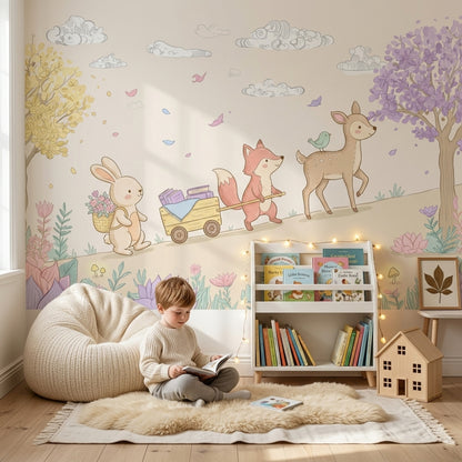 Orman Hayvanları Poster Duvar Kağıdı Pastel Çocuk Odası Desenli