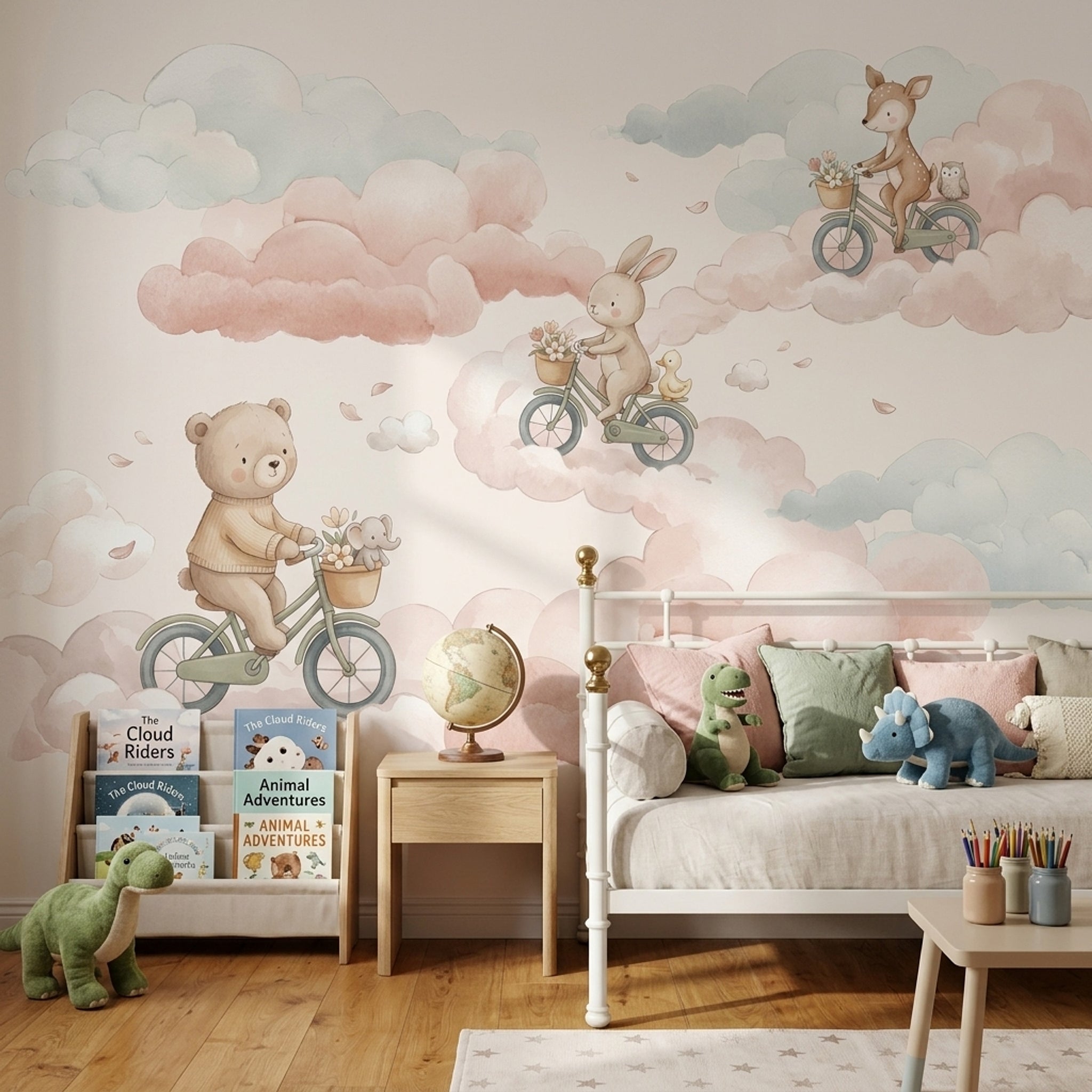 Bulutlarda Bisikletli Hayvanlar Poster Duvar Kağıdı Pastel Çocuk Odası