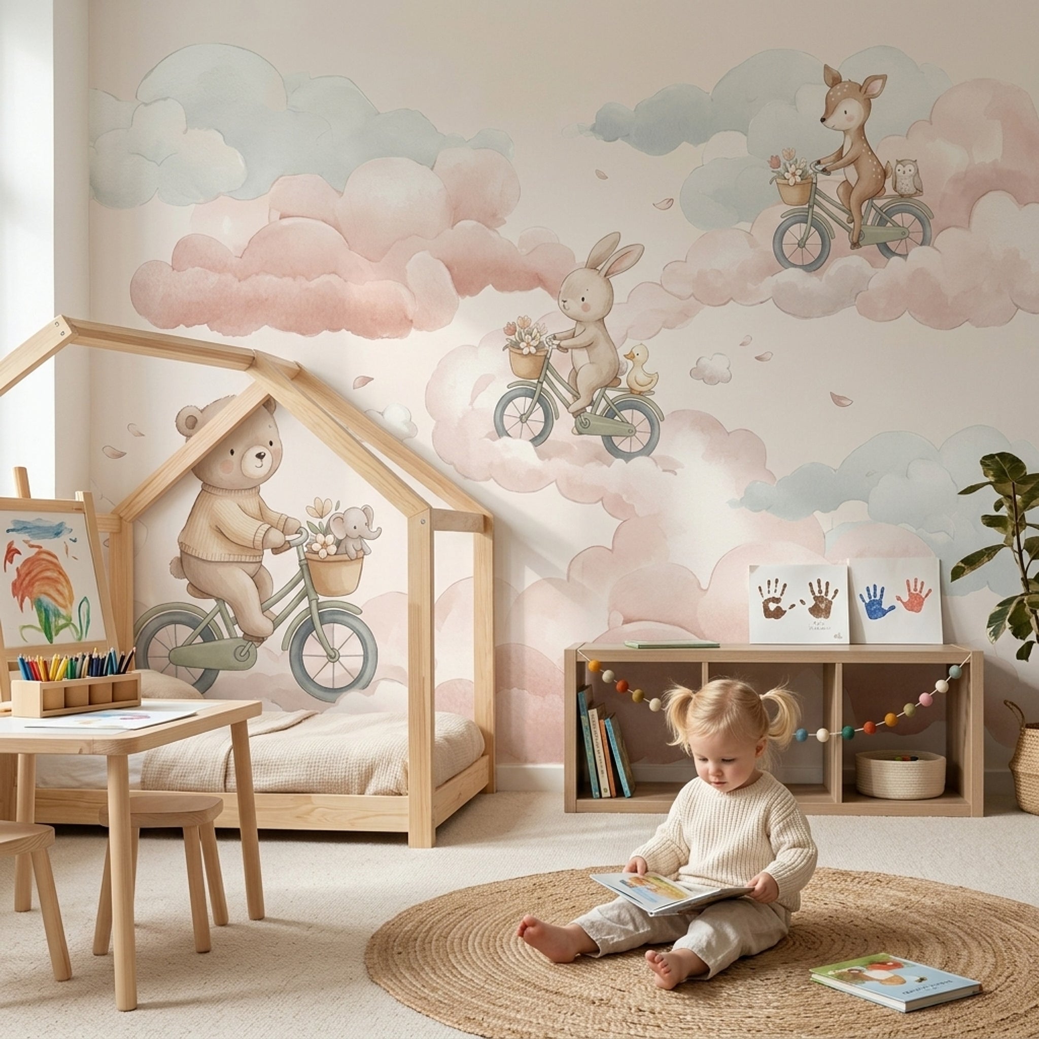Bulutlarda Bisikletli Hayvanlar Poster Duvar Kağıdı Pastel Çocuk Odası