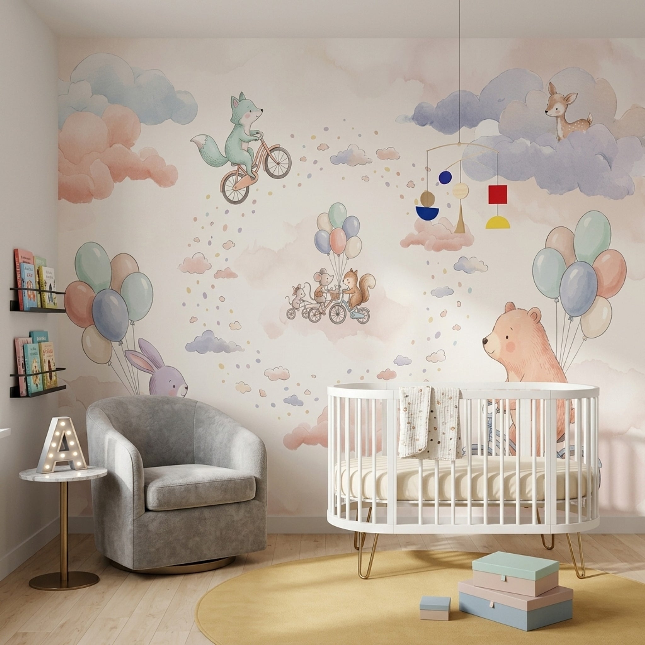 Balonlu Sevimli Hayvanlar Poster Duvar Kağıdı Pastel Bebek Odası