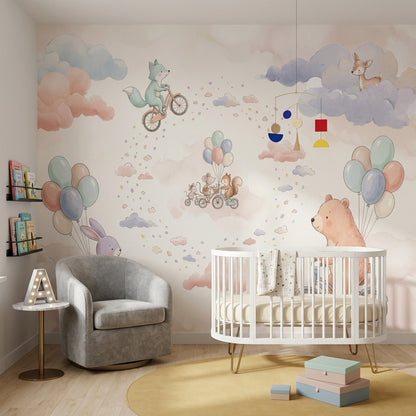 Balonlu Sevimli Hayvanlar Poster Duvar Kağıdı Pastel Bebek Odası