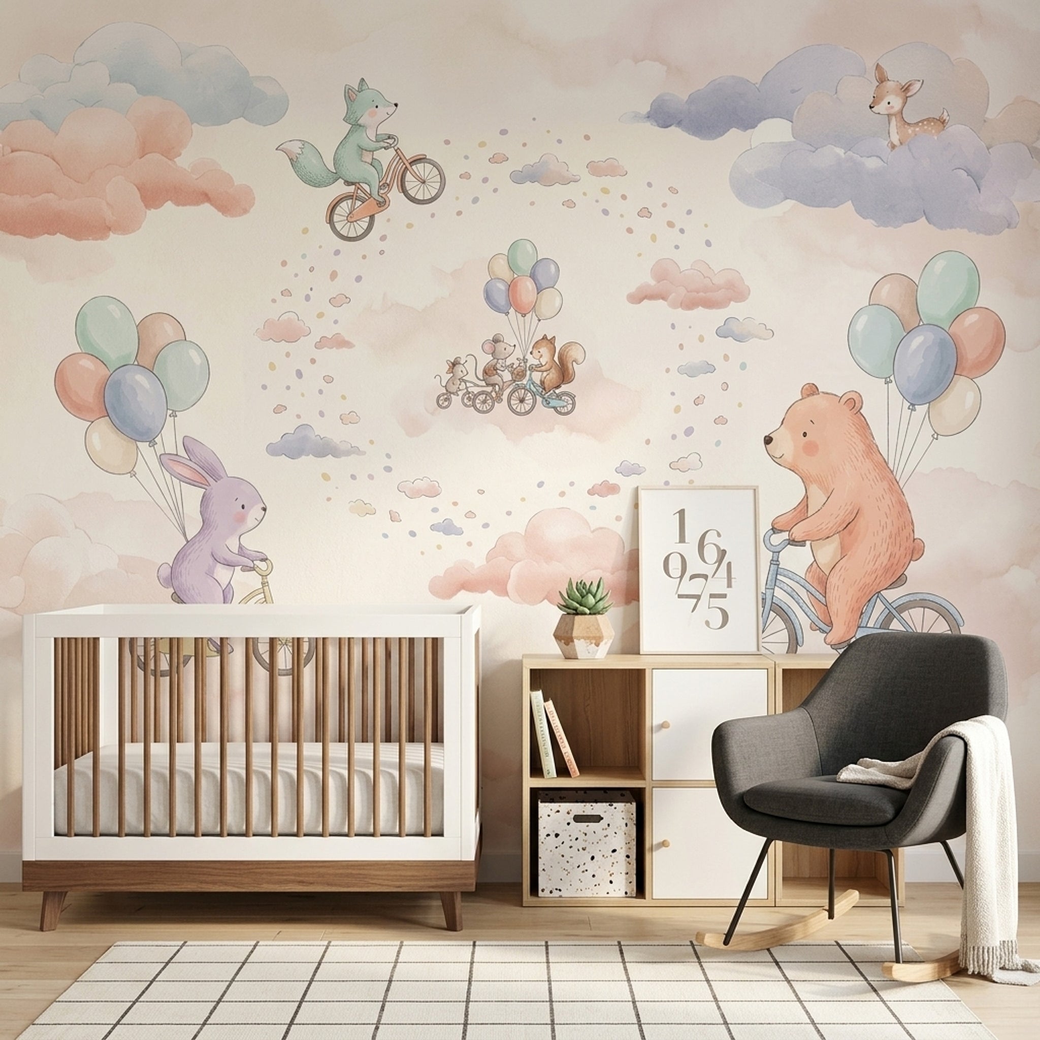 Balonlu Sevimli Hayvanlar Poster Duvar Kağıdı Pastel Bebek Odası