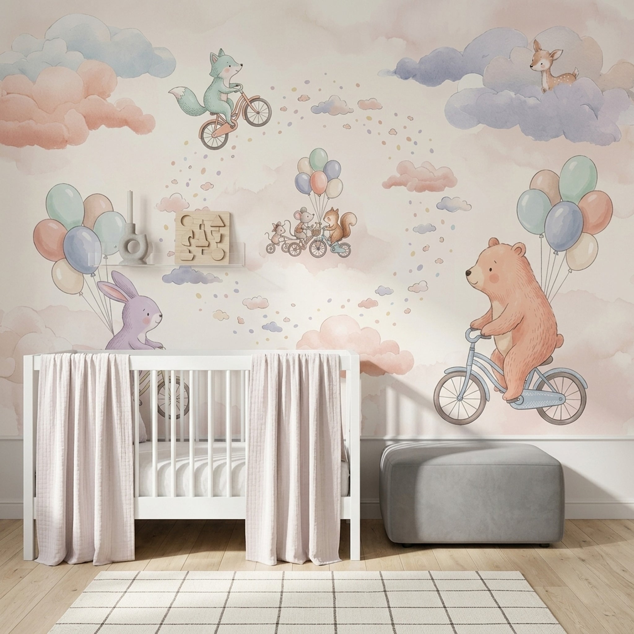 Balonlu Sevimli Hayvanlar Poster Duvar Kağıdı Pastel Bebek Odası