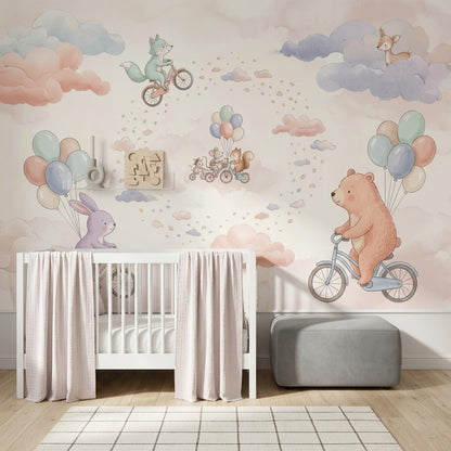 Balonlu Sevimli Hayvanlar Poster Duvar Kağıdı Pastel Bebek Odası