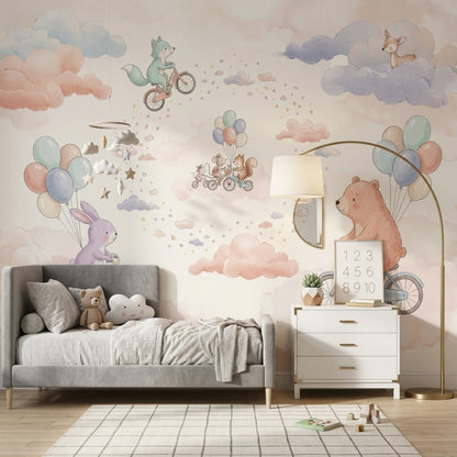Balonlu Sevimli Hayvanlar Poster Duvar Kağıdı Pastel Bebek Odası