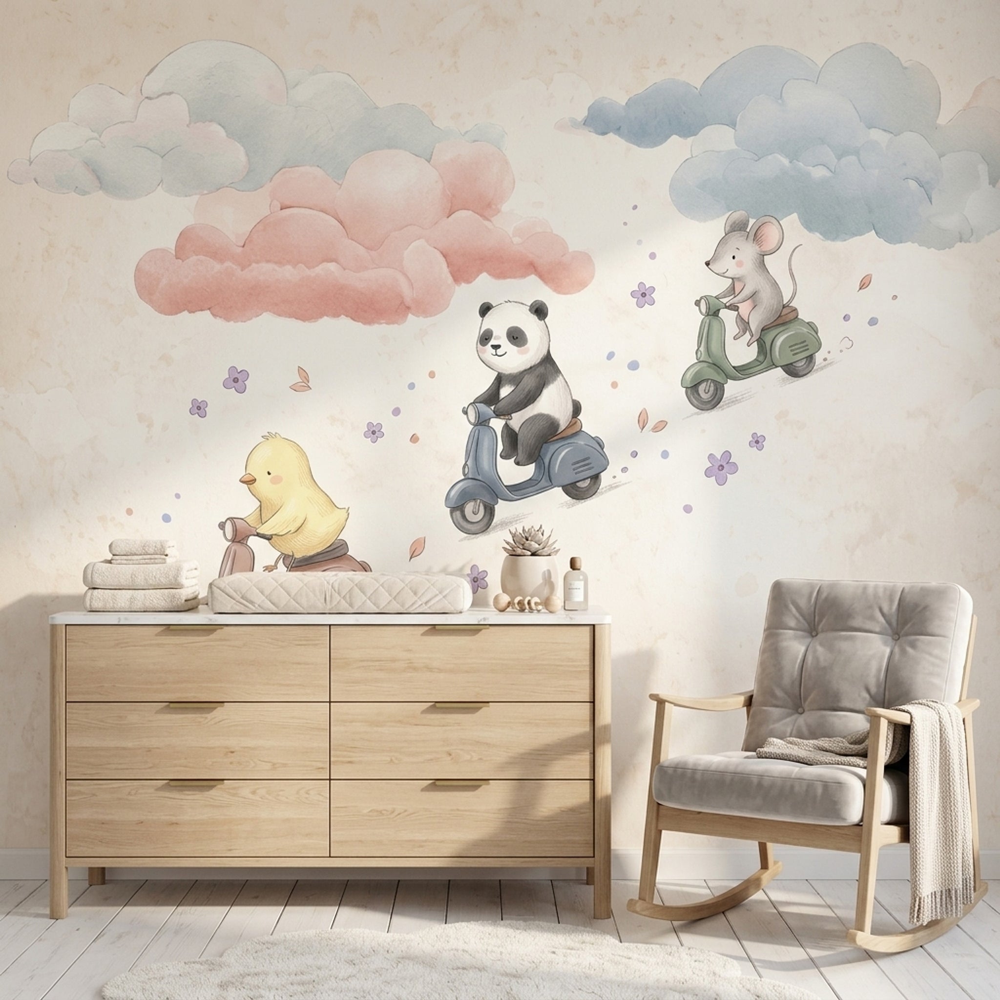 Bulutlu Sevimli Hayvanlı Poster Duvar Kağıdı Pastel Çocuk Odası