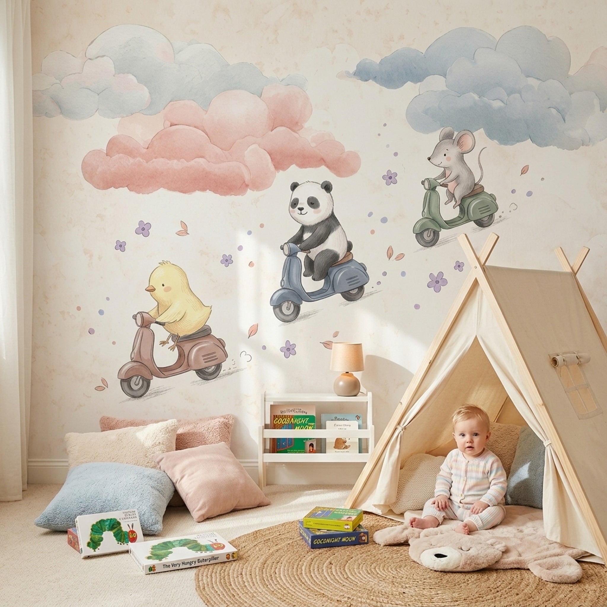 Bulutlu Sevimli Hayvanlı Poster Duvar Kağıdı Pastel Çocuk Odası