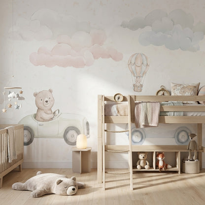 Bulutlu Hayvanlı Poster Duvar Kağıdı Pastel Bebek Odası