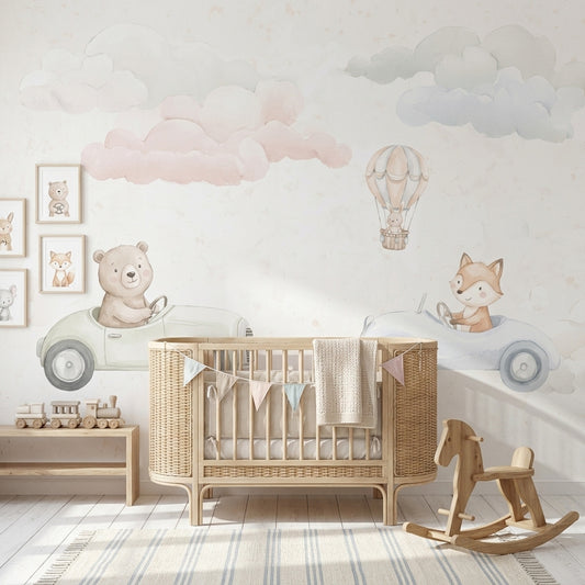 Bulutlu Hayvanlı Poster Duvar Kağıdı Pastel Bebek Odası