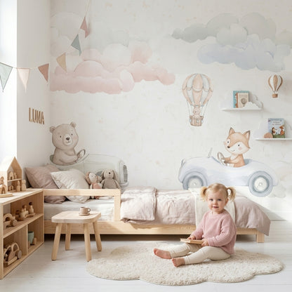 Bulutlu Hayvanlı Poster Duvar Kağıdı Pastel Bebek Odası