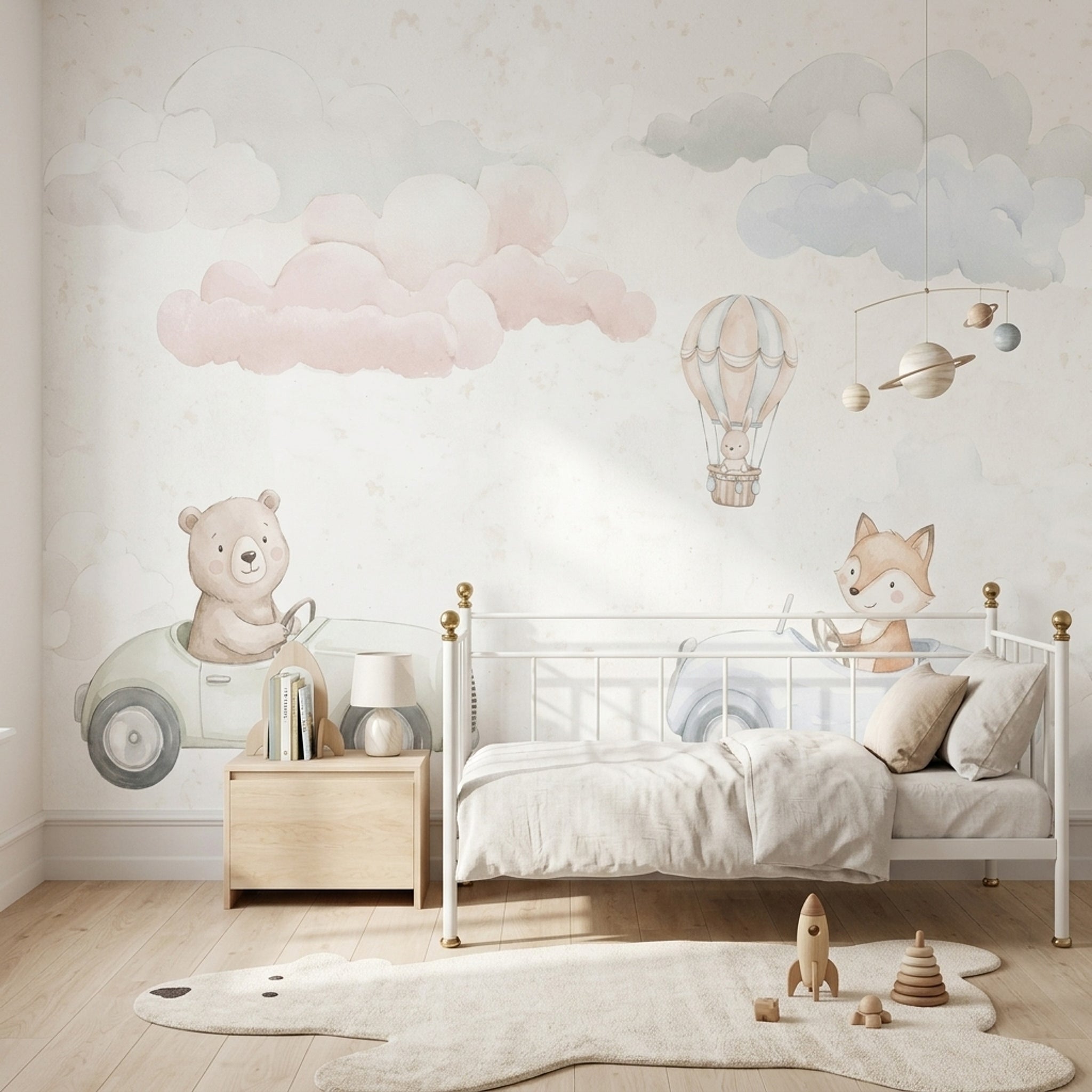 Bulutlu Hayvanlı Poster Duvar Kağıdı Pastel Bebek Odası