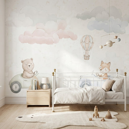 Bulutlu Hayvanlı Poster Duvar Kağıdı Pastel Bebek Odası