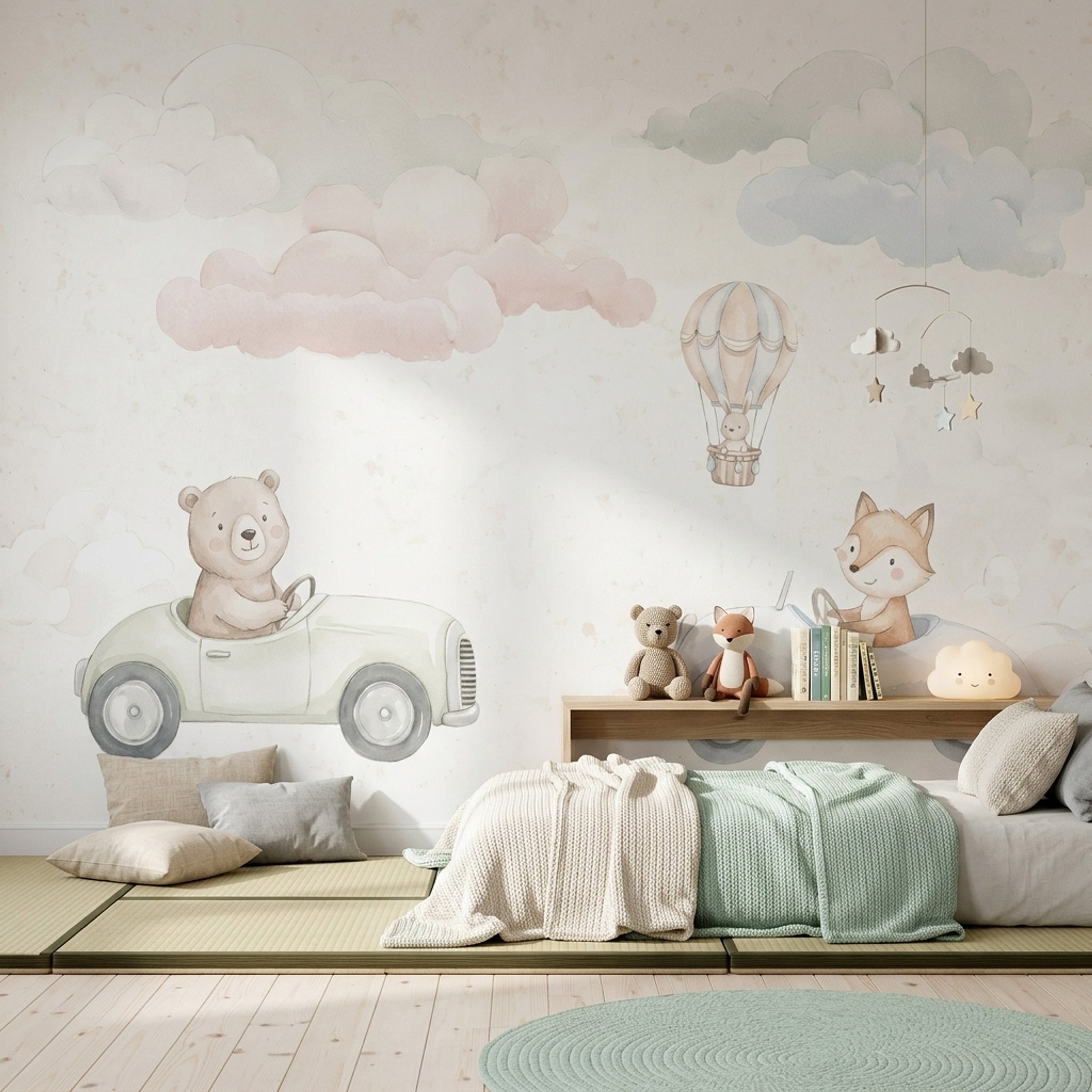 Bulutlu Hayvanlı Poster Duvar Kağıdı Pastel Bebek Odası
