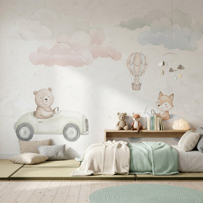 Bulutlu Hayvanlı Poster Duvar Kağıdı Pastel Bebek Odası