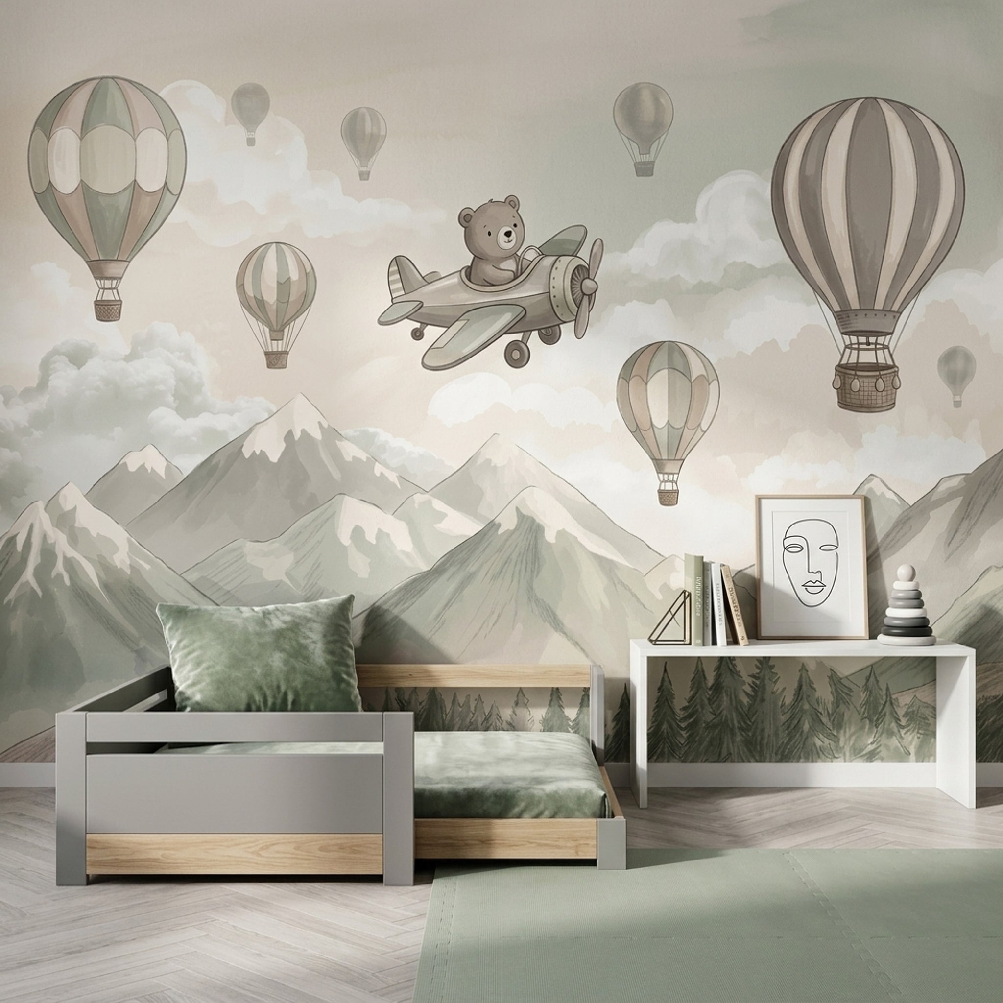 Uçaklı Ayıcık Poster Duvar Kağıdı Pastel Balonlu Çocuk Odası