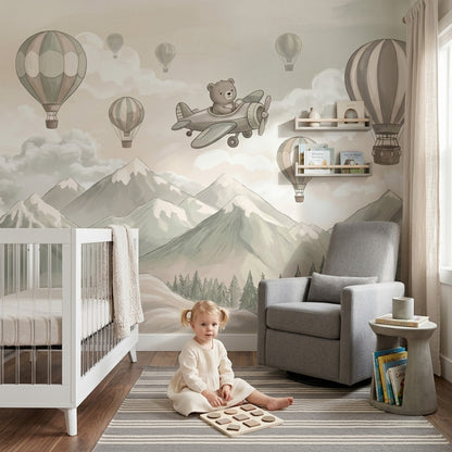 Uçaklı Ayıcık Poster Duvar Kağıdı Pastel Balonlu Çocuk Odası