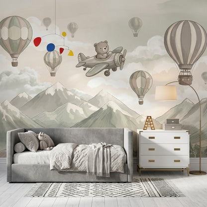 Uçaklı Ayıcık Poster Duvar Kağıdı Pastel Balonlu Çocuk Odası