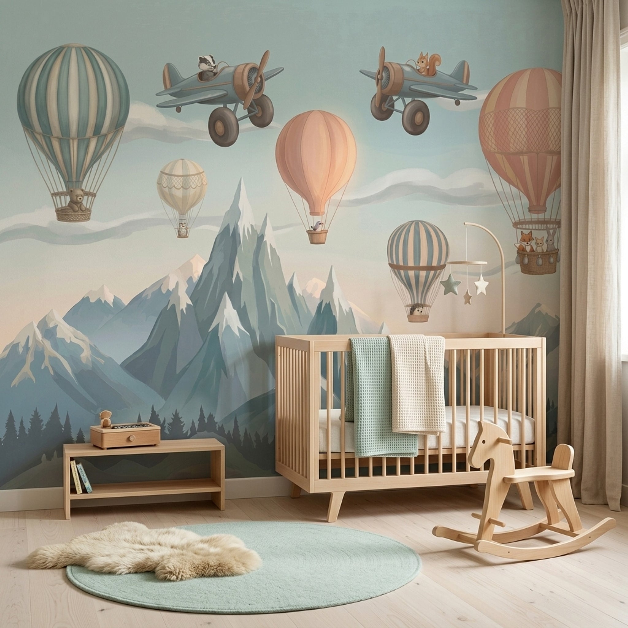 Sıcak Hava Balonlu Poster Duvar Kağıdı Bebek Odası Pastel Mavi