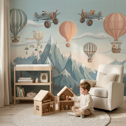 Sıcak Hava Balonlu Poster Duvar Kağıdı Bebek Odası Pastel Mavi