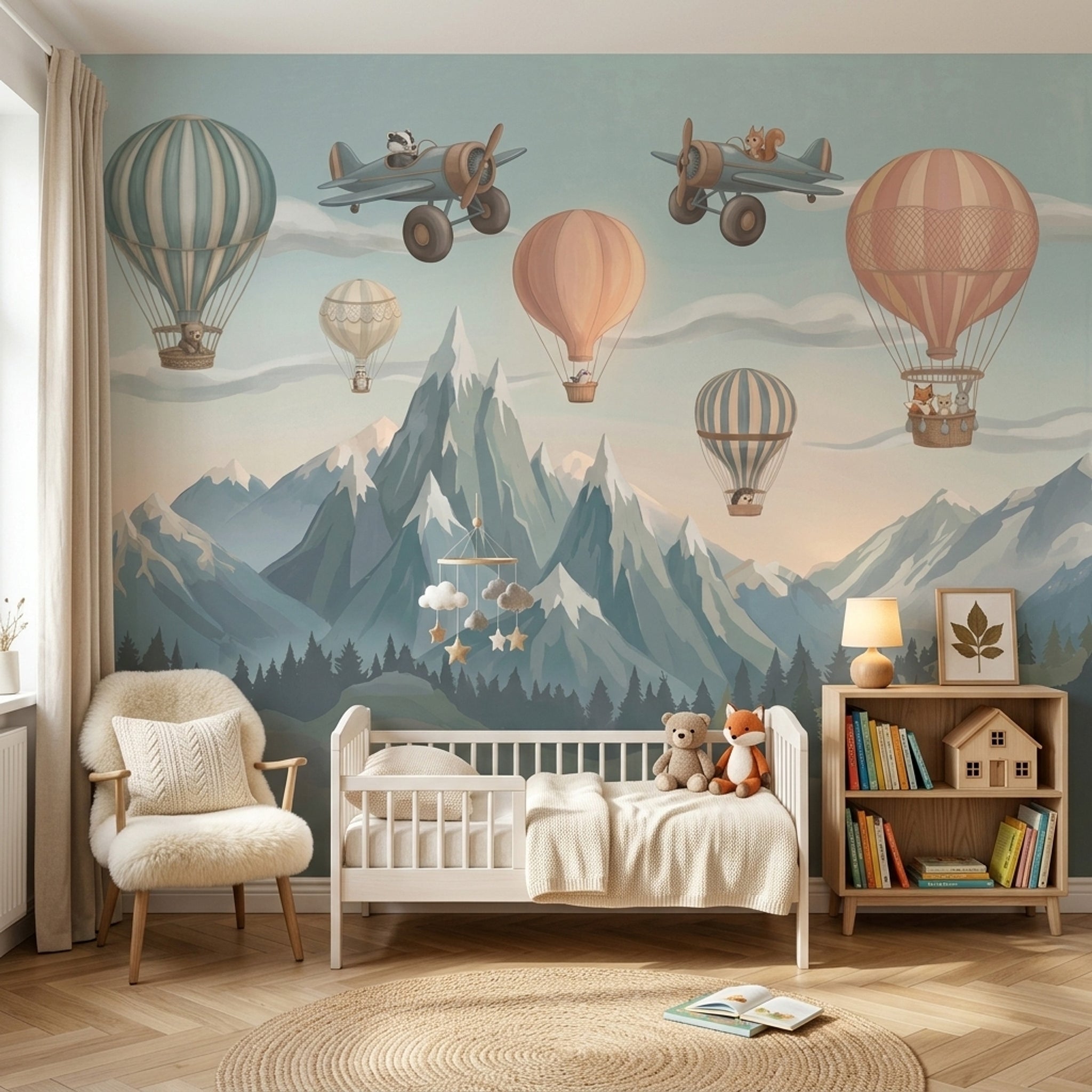 Sıcak Hava Balonlu Poster Duvar Kağıdı Bebek Odası Pastel Mavi