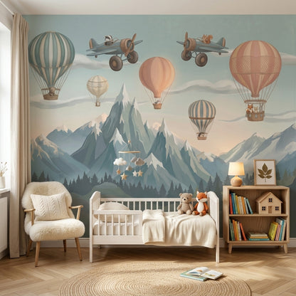 Sıcak Hava Balonlu Poster Duvar Kağıdı Bebek Odası Pastel Mavi