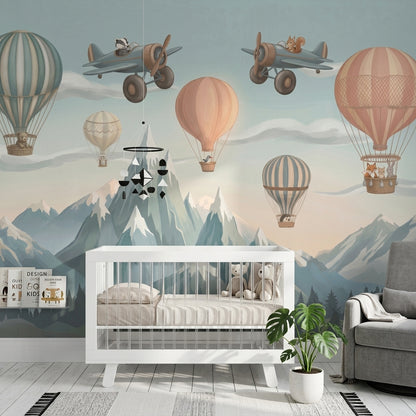 Sıcak Hava Balonlu Poster Duvar Kağıdı Bebek Odası Pastel Mavi