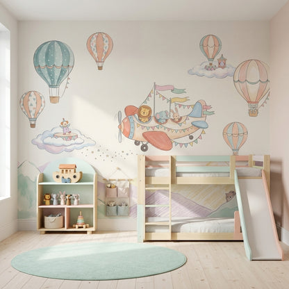 Balonlu Uçaklı Poster Duvar Kağıdı Pastel Bebek Odası