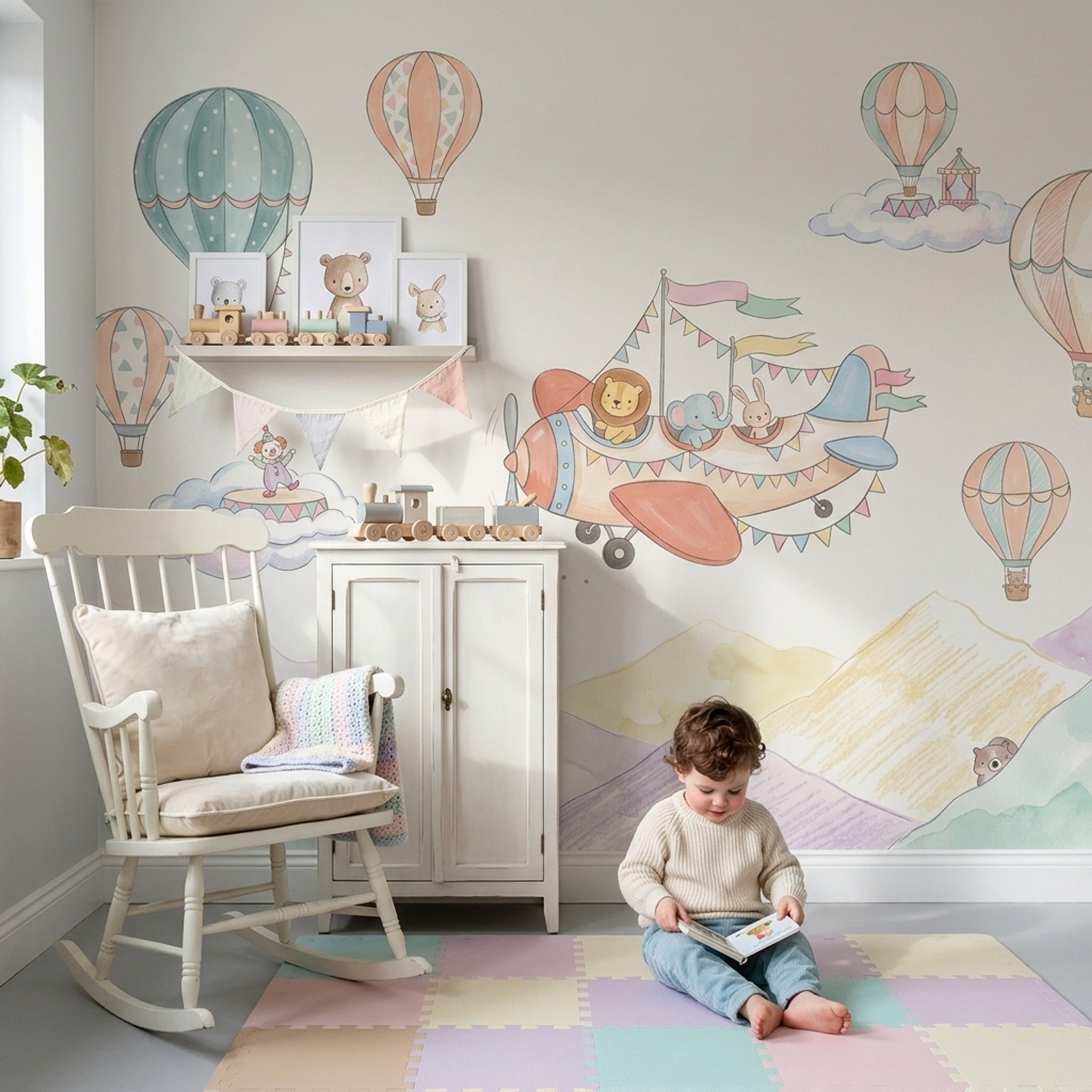 Balonlu Uçaklı Poster Duvar Kağıdı Pastel Bebek Odası