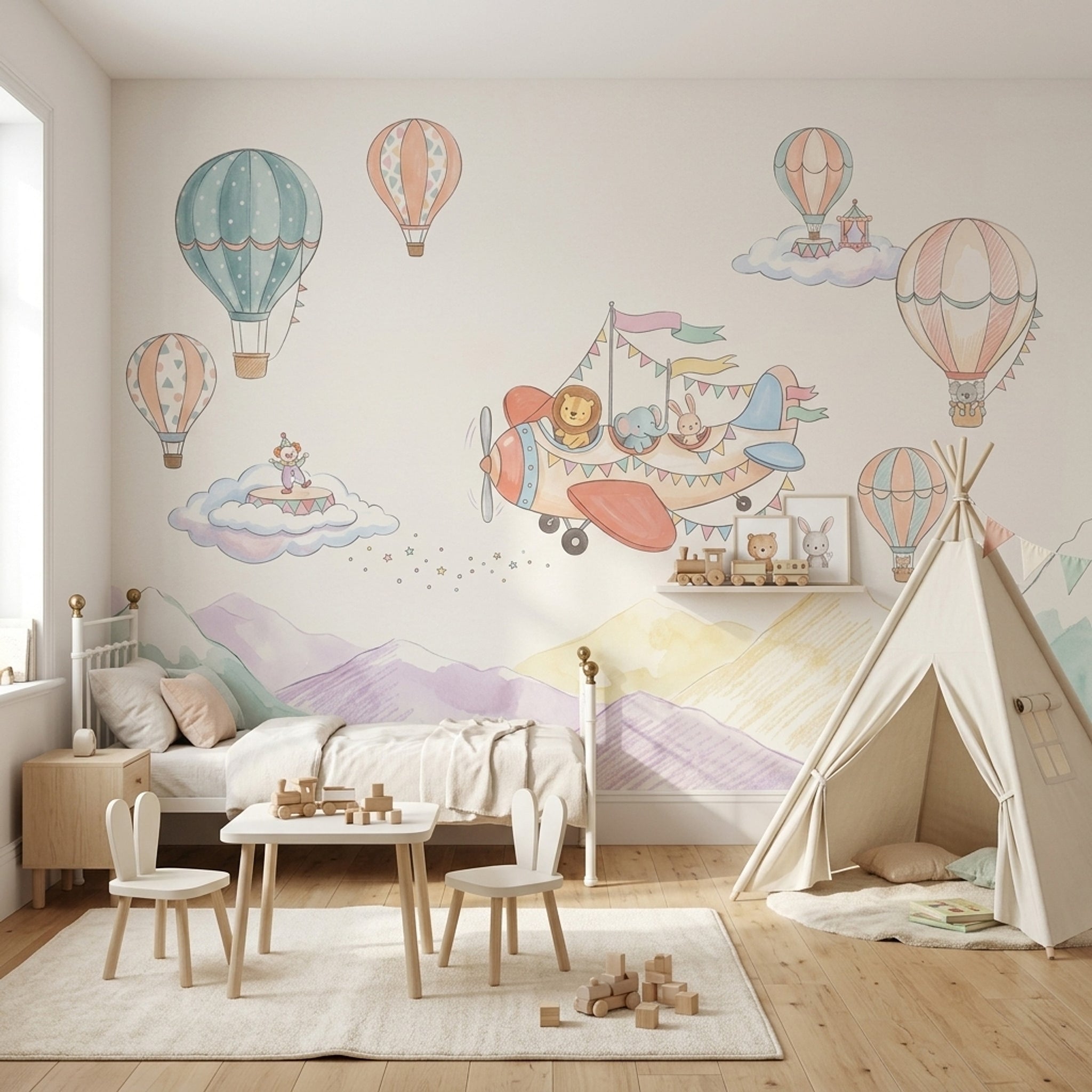 Balonlu Uçaklı Poster Duvar Kağıdı Pastel Bebek Odası