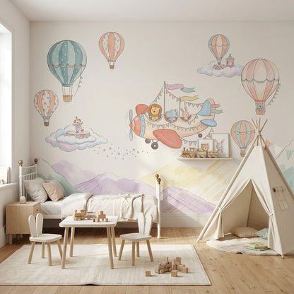 Balonlu Uçaklı Poster Duvar Kağıdı Pastel Bebek Odası