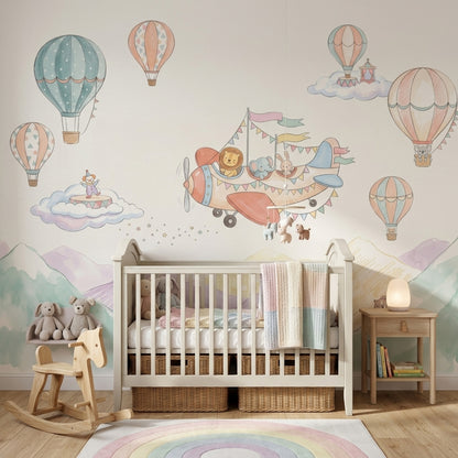 Balonlu Uçaklı Poster Duvar Kağıdı Pastel Bebek Odası