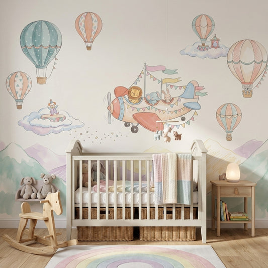 Balonlu Uçaklı Poster Duvar Kağıdı Pastel Bebek Odası
