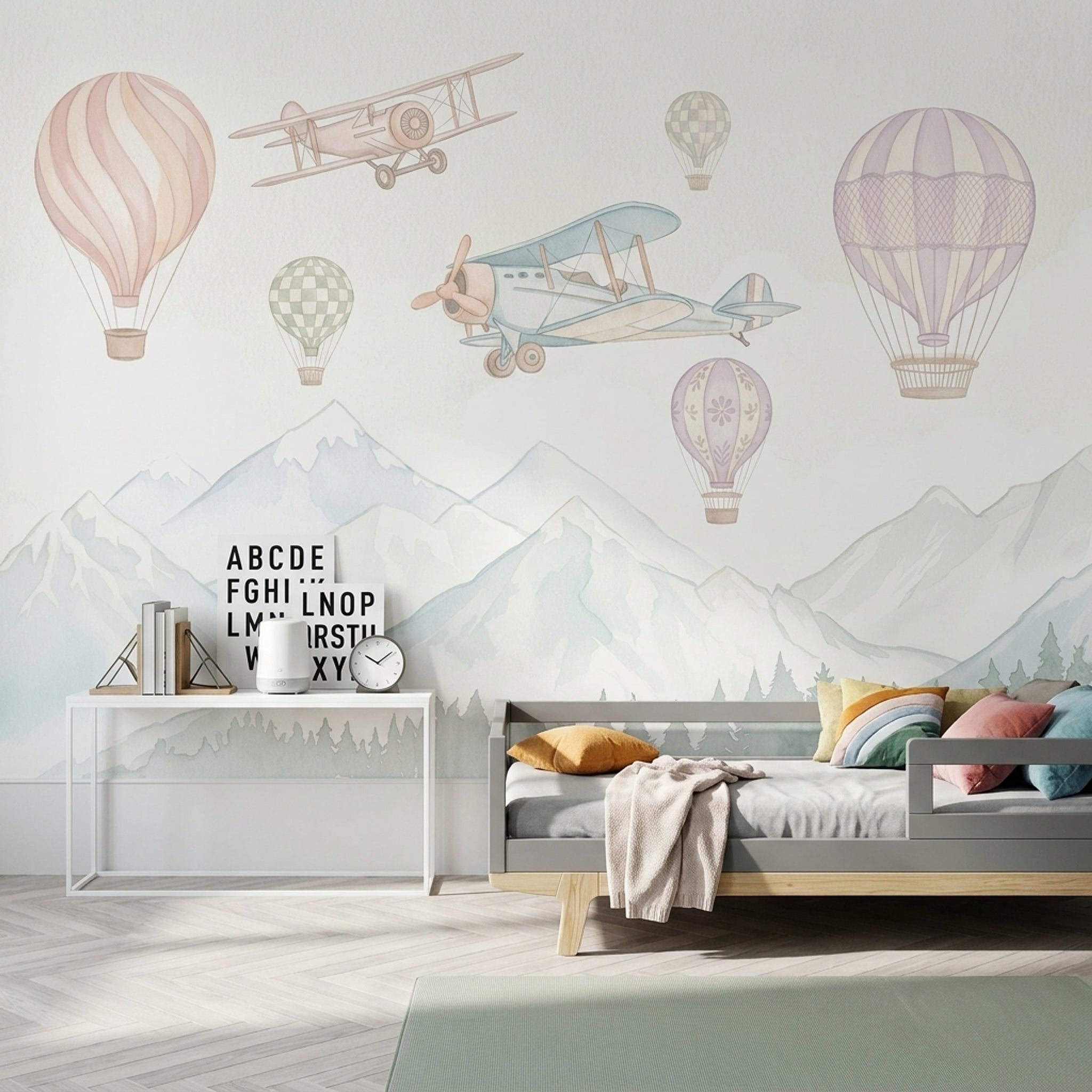 Uçak ve Balonlu Poster Duvar Kağıdı Pastel Çocuk Odası