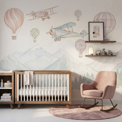 Uçak ve Balonlu Poster Duvar Kağıdı Pastel Çocuk Odası