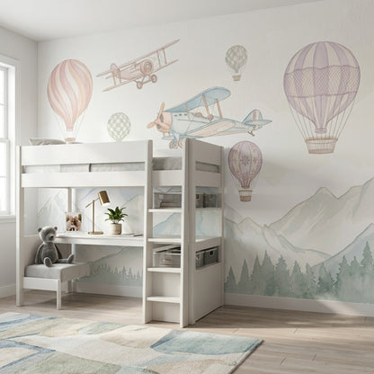 Uçak ve Balonlu Poster Duvar Kağıdı Pastel Çocuk Odası