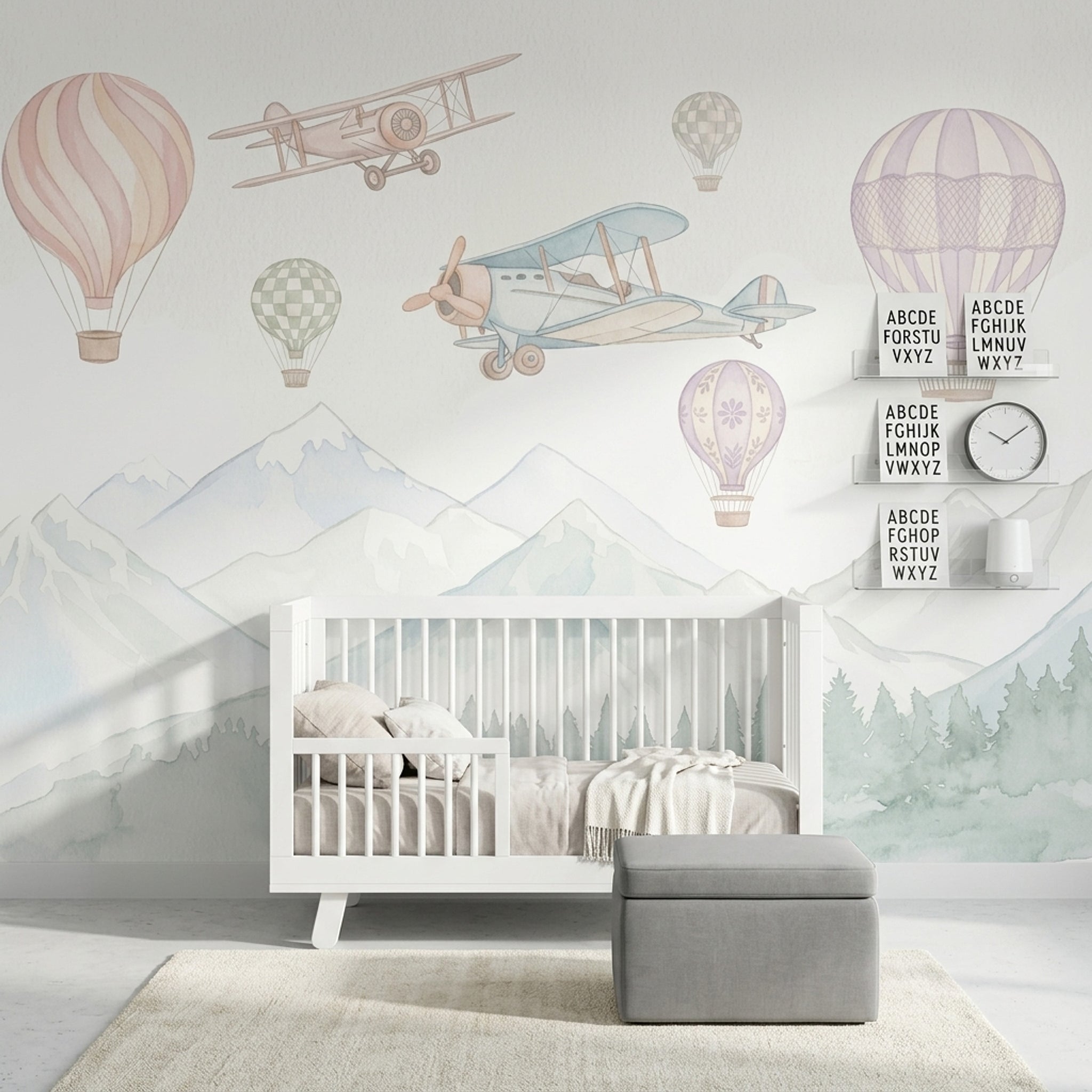Uçak ve Balonlu Poster Duvar Kağıdı Pastel Çocuk Odası