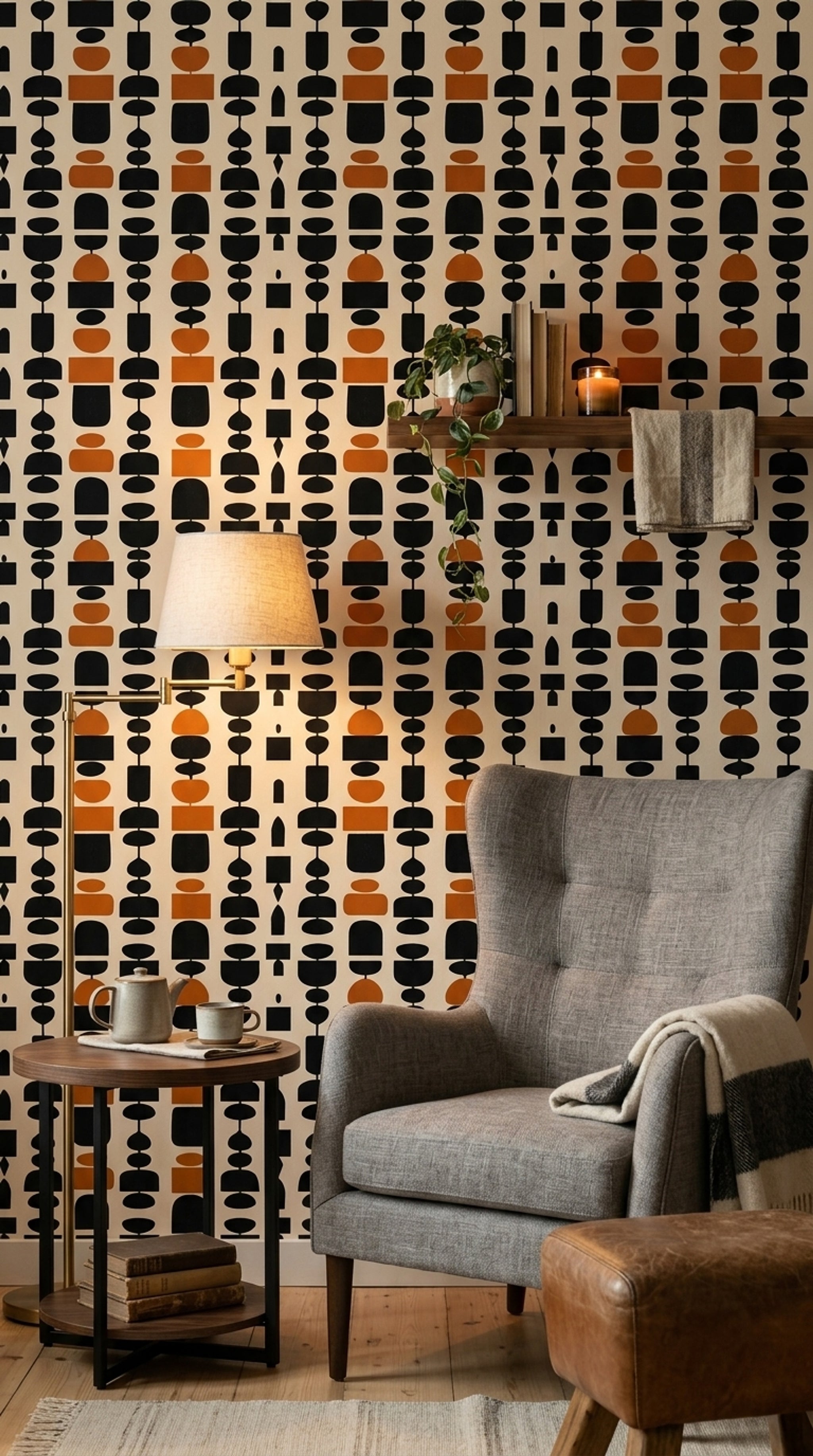 Geometrik Retro Duvar Kağıdı Siyah Kiremit Renk Desenli Salon