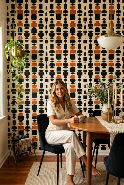 Geometrik Retro Duvar Kağıdı Siyah Kiremit Renk Desenli Salon