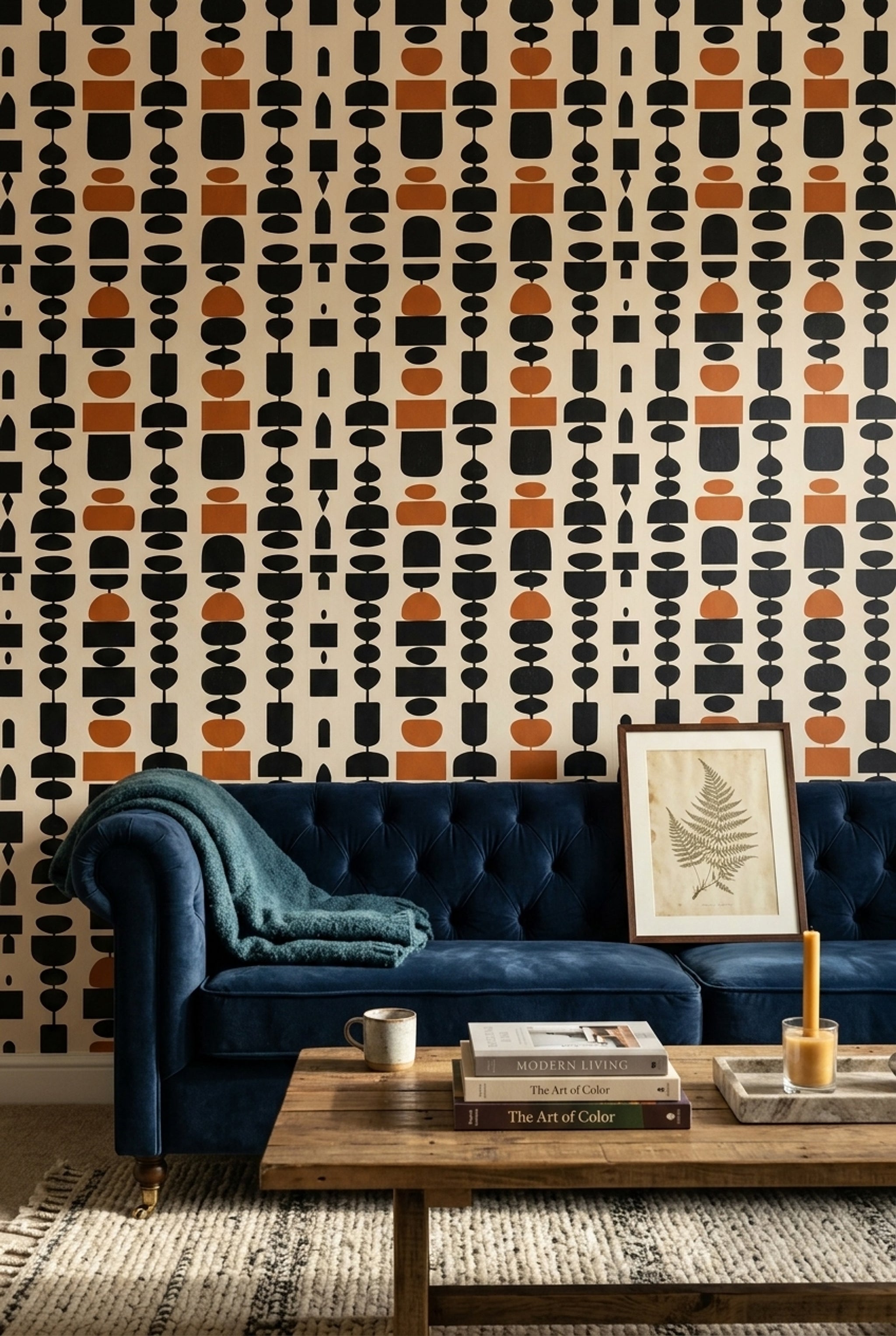 Geometrik Retro Duvar Kağıdı Siyah Kiremit Renk Desenli Salon