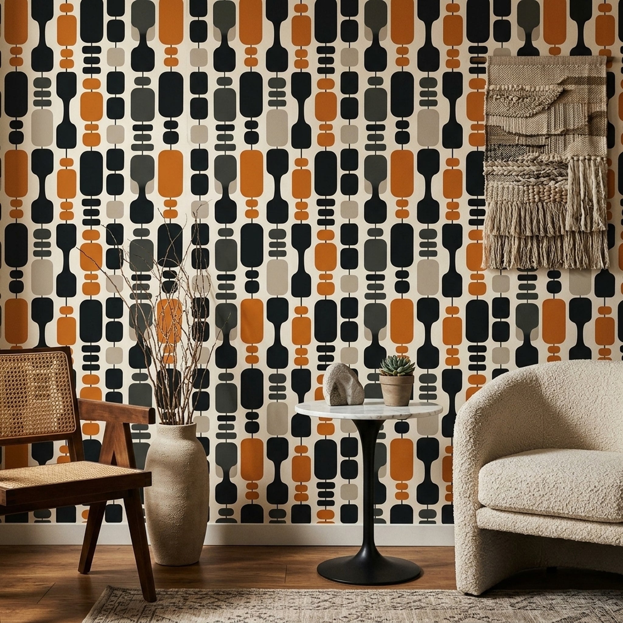 Retro Geometrik Duvar Kağıdı Turuncu Siyah Salon Deseni